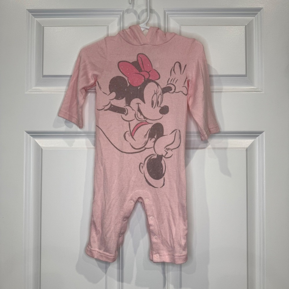 Disney Baby Pink Minnie Mouse Hooded Romper Jumpsuit Size 3-6 Months